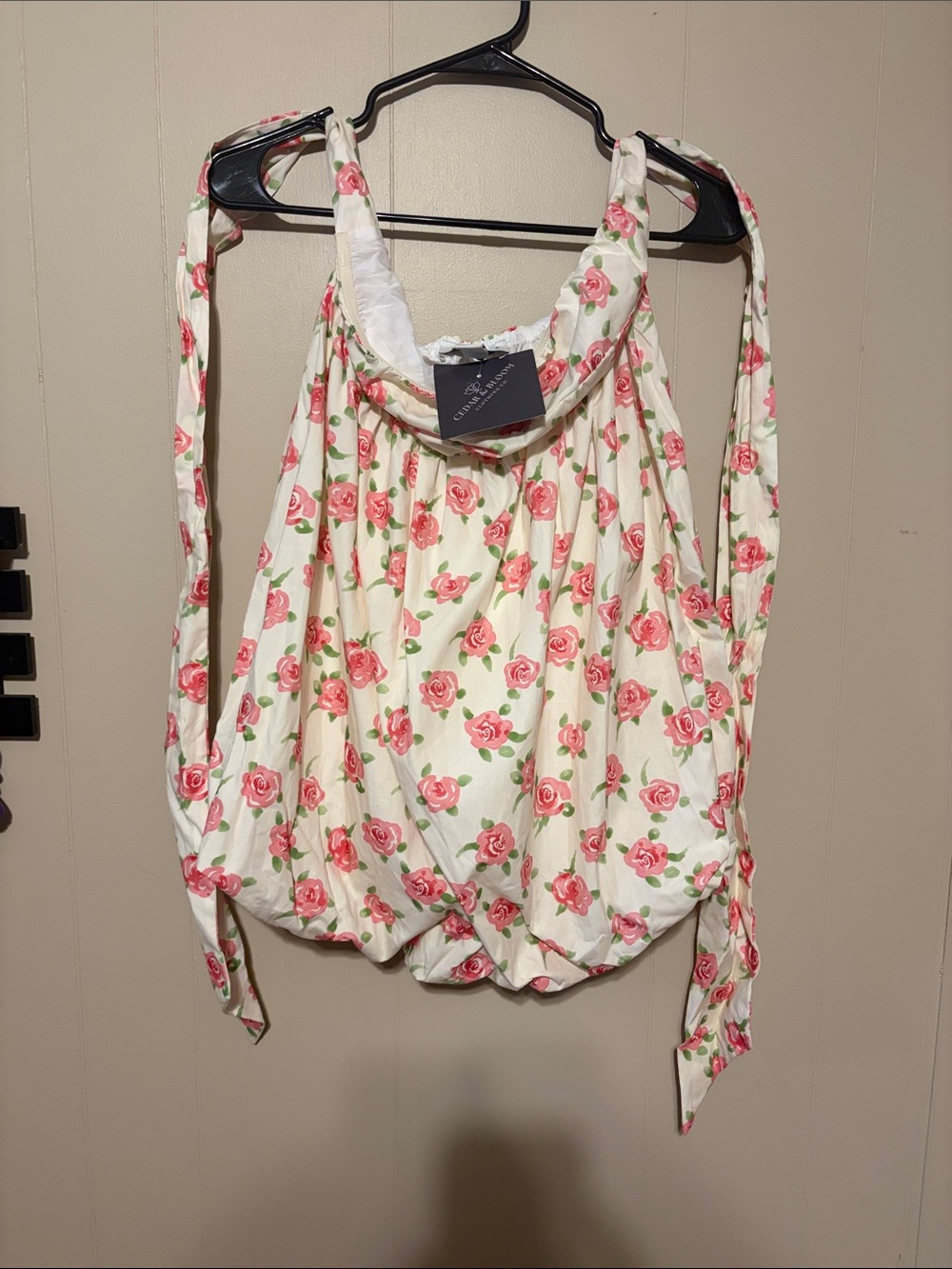HYFVE Cream Camisole with Pink Rose Print and Tie Straps